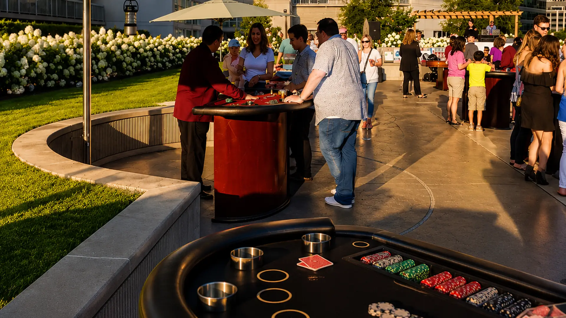 Casino party event with guests at outdoor tables
