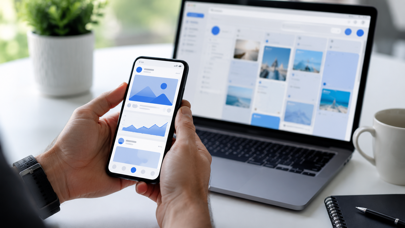 Social media manager reviewing content on phone and laptop