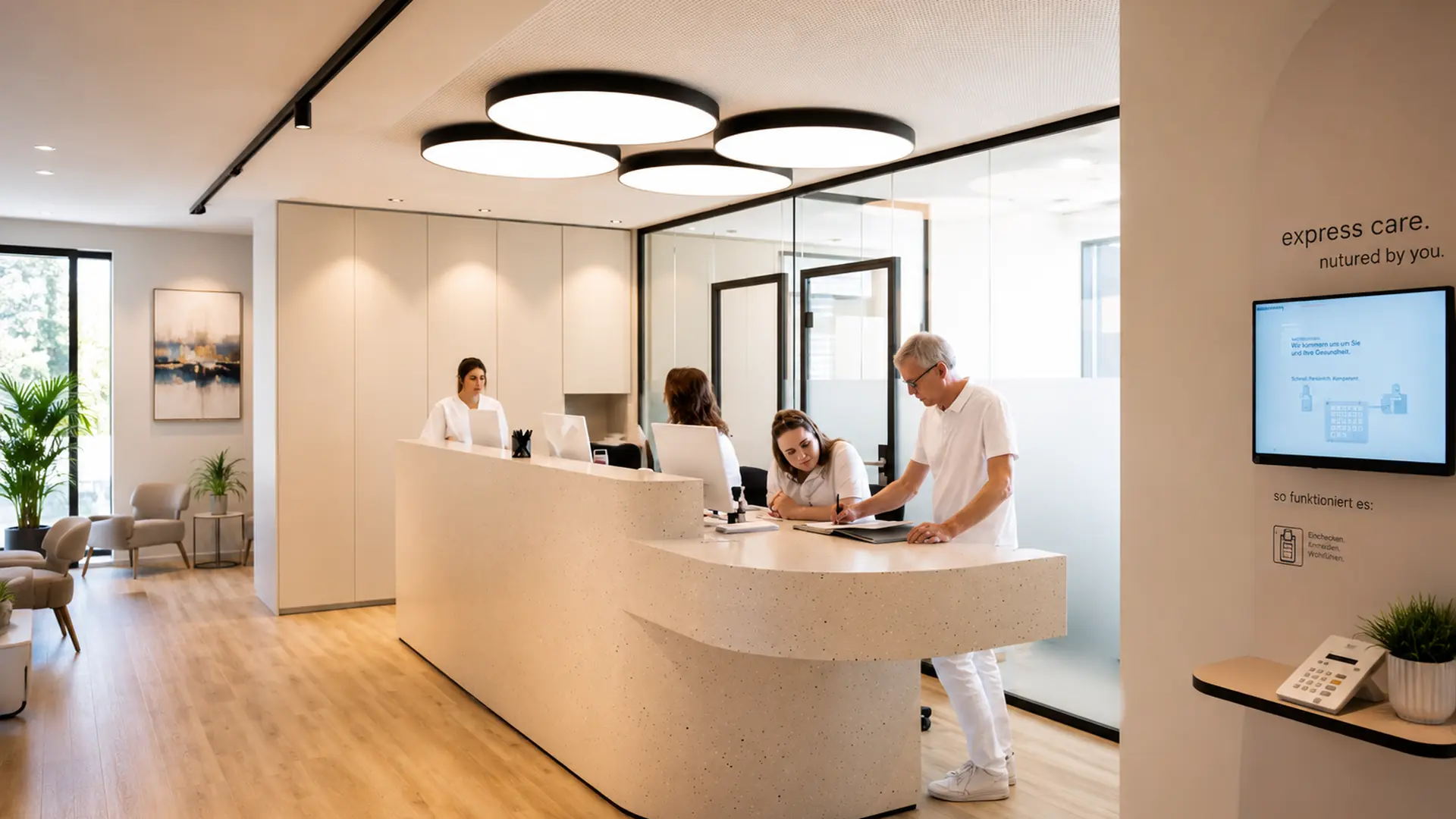 Modern dental office reception with staff